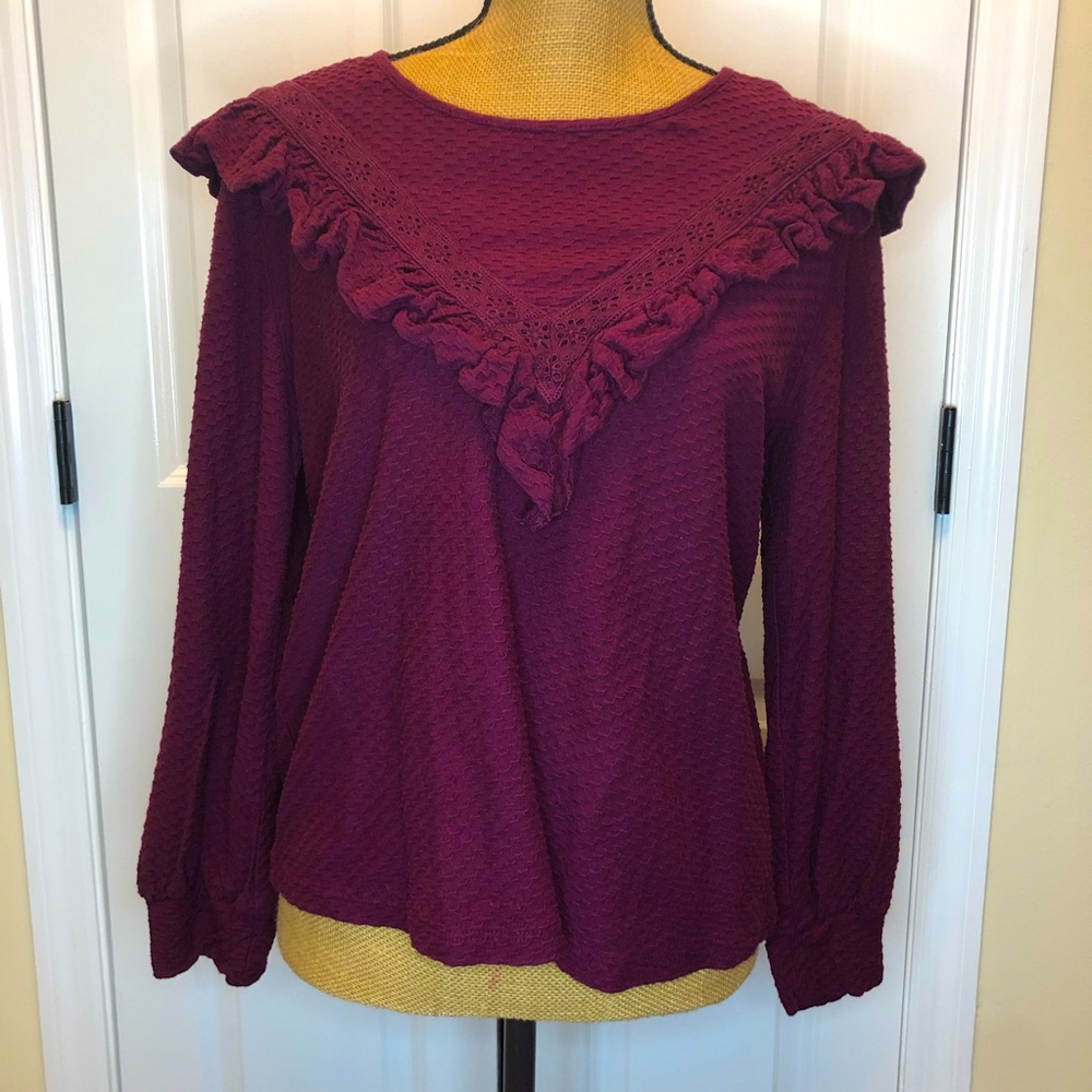 J. Crew Long Sleeve Burgundy ruffle Blouse size Medium